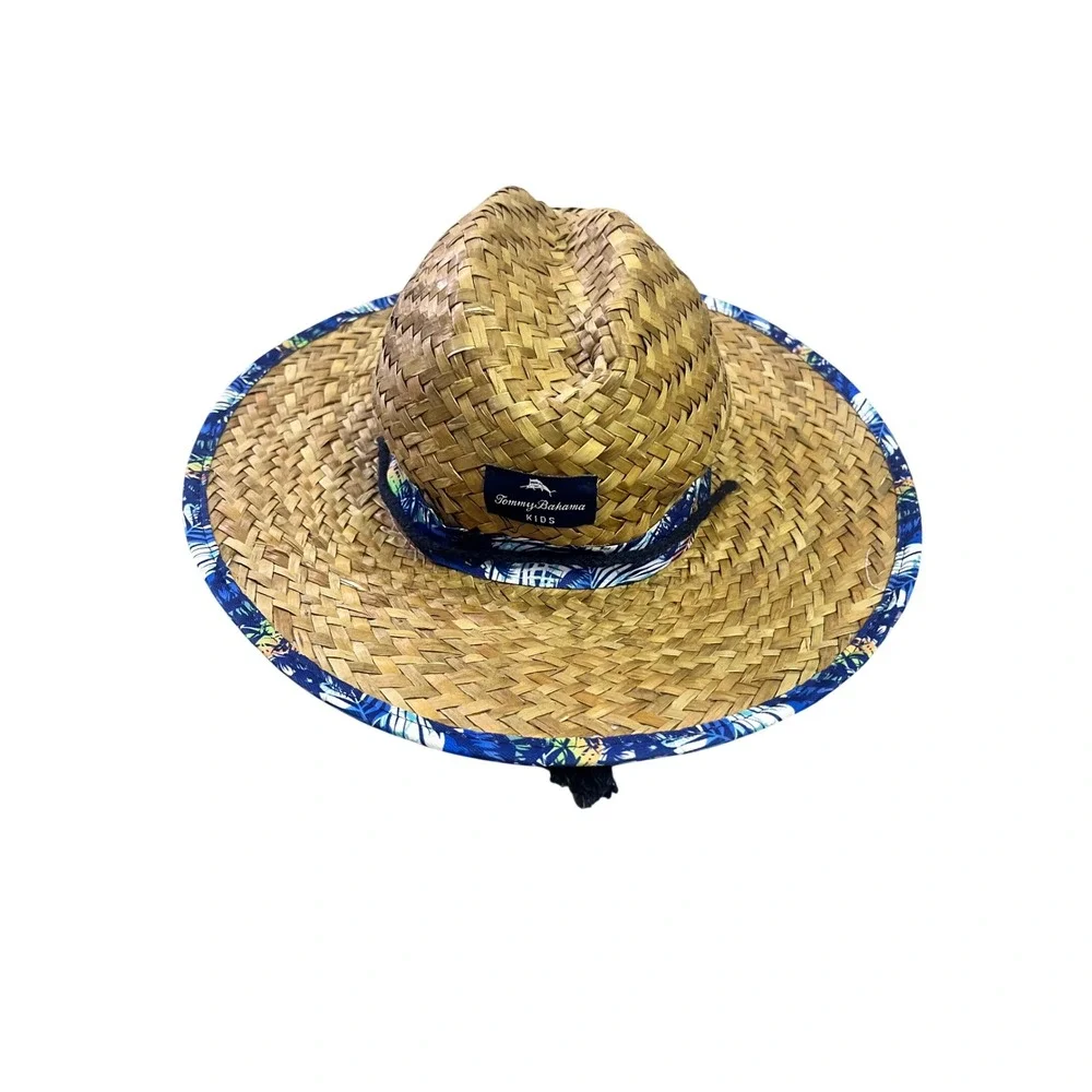 Tommy Bahama Kids Boys Straw Sun Hat Blue Tropical Palm Leaf 4-7 Years Wide Brim
